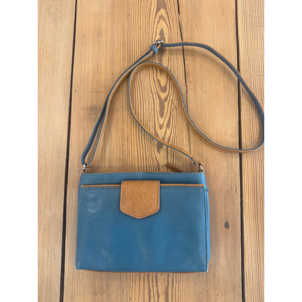 ili New York Genuine Leather‎ Crossbody Organizer Purse Blue Tan Handbag